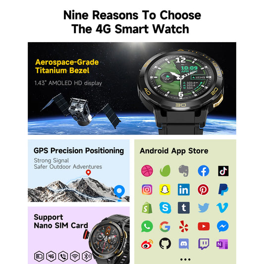 4G Smartwatch With Camera 1ATM Waterproof GPS Tracker 1.43" AMOLED Screen 800mAh Battery Fitness Health Monitor Watches